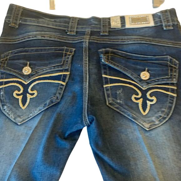 True Rock White Stitch Jeans 21/22 Blue Bling Flap Pockets Distressed Straight - Picture 4 of 13